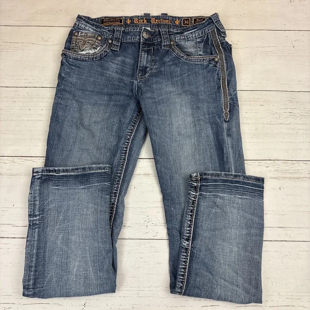 Rock Revival Mens Thick Stitch Jeans Kort Straight Leg Jeans Size 34 (36X33) - Picture 2 of 11